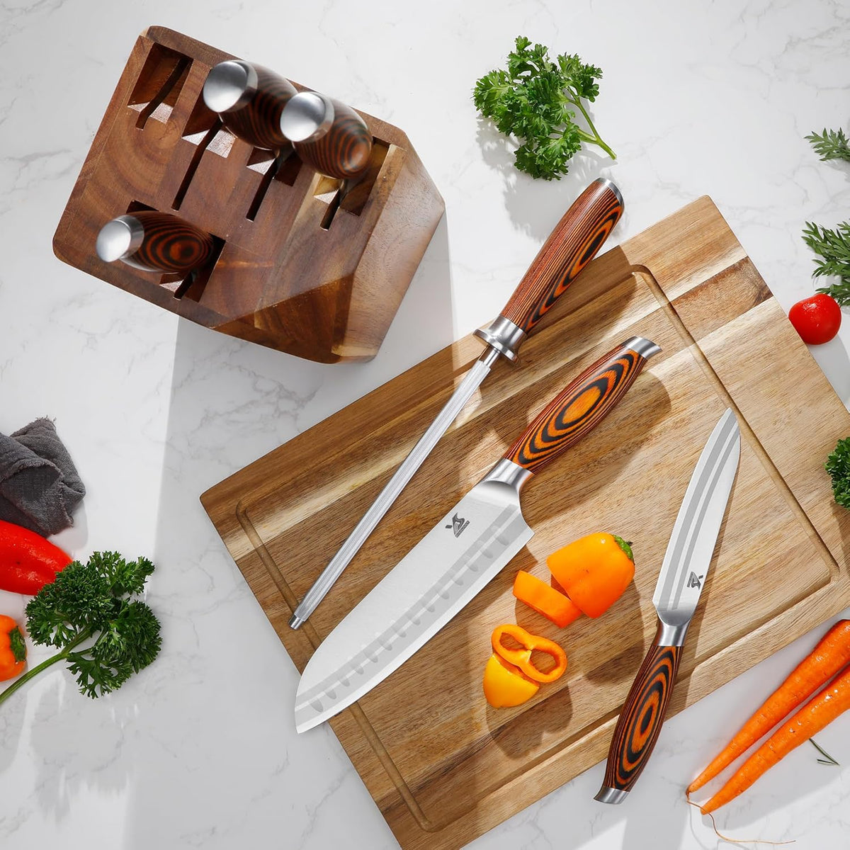 MSY BIGSUNNY 7pcs Knife Block Set, German Steel Chef Knife Set, Precious Pakkawood Handle for Kitchen Knife Block Set