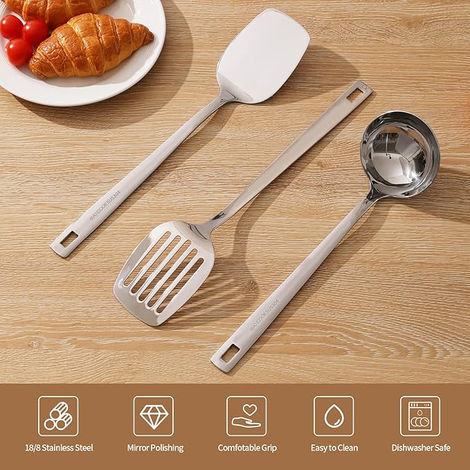 Wok Spatula Set, 18/8 Stainless Steel Kitchen Cooking Utensils Spoon set, 3 Pieces Spatula Set for Kitchen Cooking