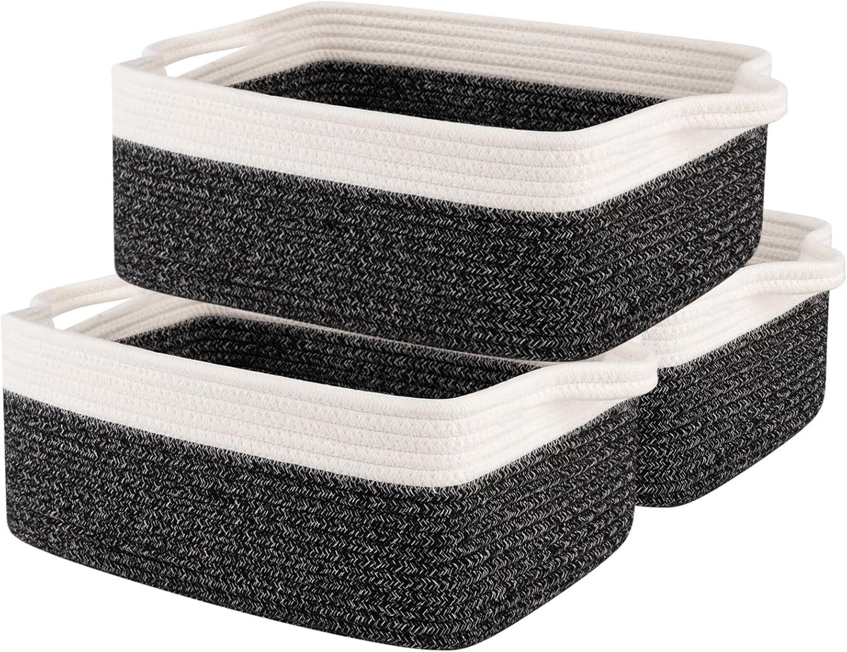 OIAHOMY 3 Pack Storage Baskets for Organizing, Woven Cotton Rope Basket for Shelves, Closet Organizer Bins with Handles, Rectangle Toy Organization, 13.78''×9.84''×5.5'', Black & White