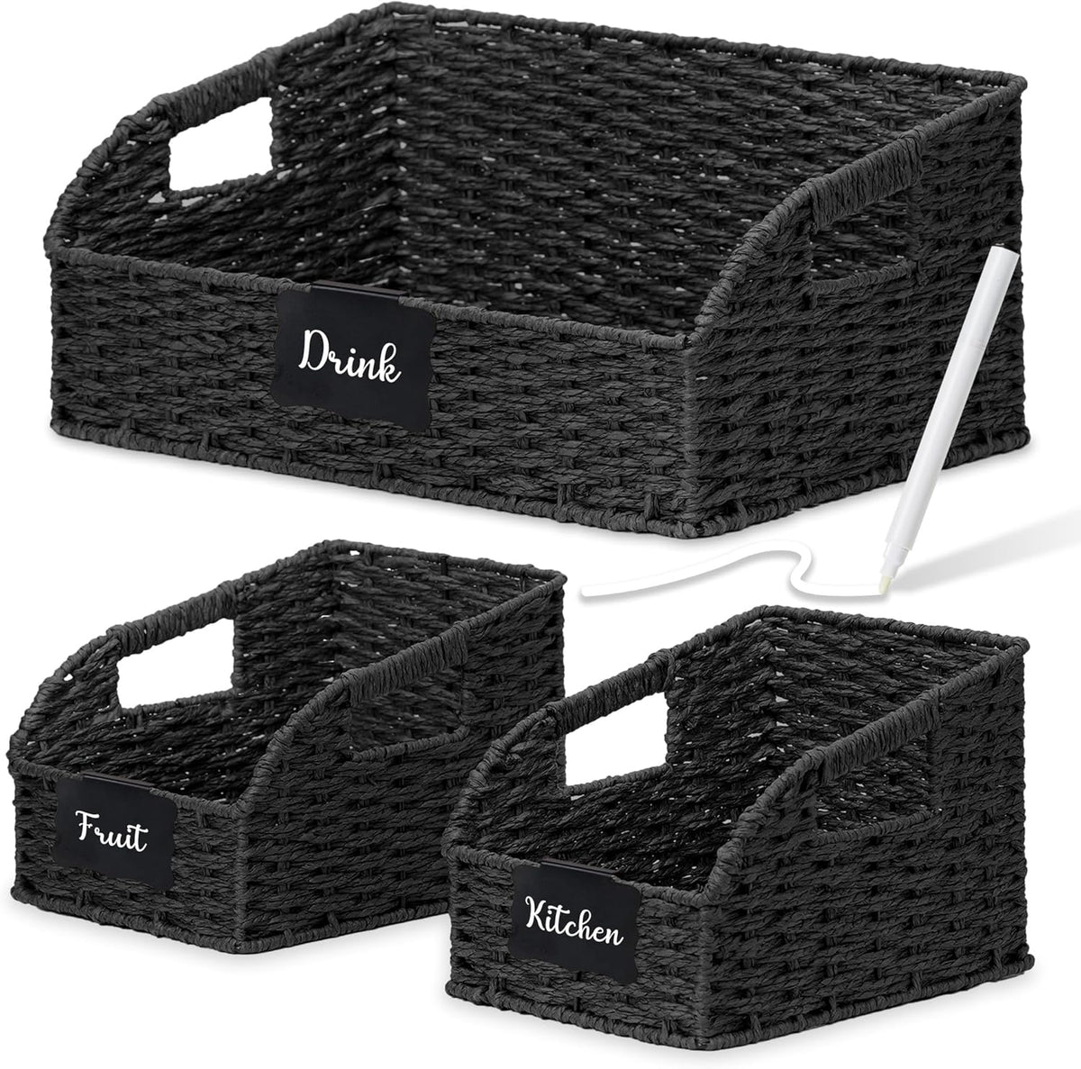 Wicker Baskets for Organizing,Pantry, Kitchen Counter with Handles, Handwoven Woven Storage Baskets for Fruit, Bread, Vegetable, Paper Storage Bins for Shelves, 3 Pack, Black