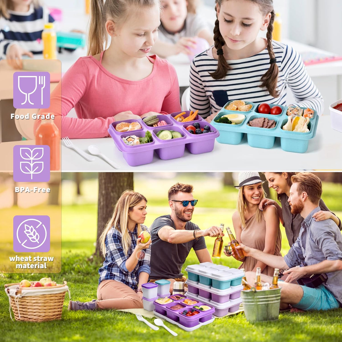 4-Pack Bento Box & Snack Containers for Kids & Adults | 6-Compartment with 4 Sauce Cups | BPA-Free, Dishwasher Safe | Ideal for School, Office, Picnic & Travel (38oz/1100ml)