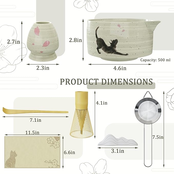 Complete 8-Piece Matcha Set – Japanese Matcha Tea Ceremony Kit with Cat Print Bowl, Bamboo Accessories & Premium matcha tools for Home Tea Rituals, Mindful Gift for Matcha Lovers