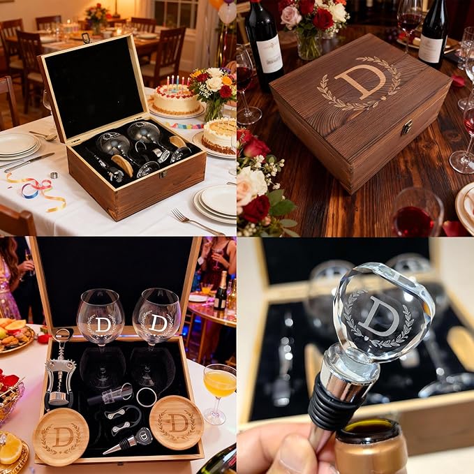 GZLDGIFTS Personalized Initial Wine Glasses Box Gift Set For Women Mom Engraved Birthday Monogrammed Wooden Christmas Gifts Wedding Anniversary Wine Couples Stopper Opener Initial Letterr (K Set)