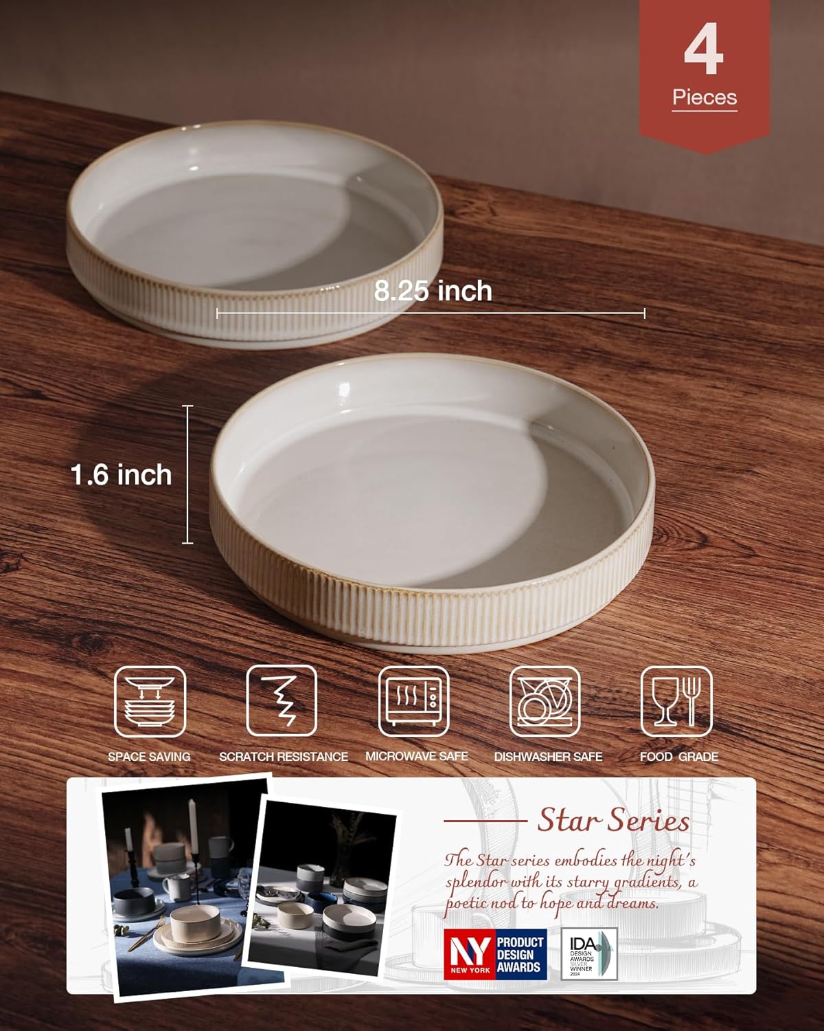 famiware Star 8.25" Pasta Bowls, Large Dinner Bowls Set of 4, Salad Bowl Plates, Shallow Bowls for Eating, Cappuccino White
