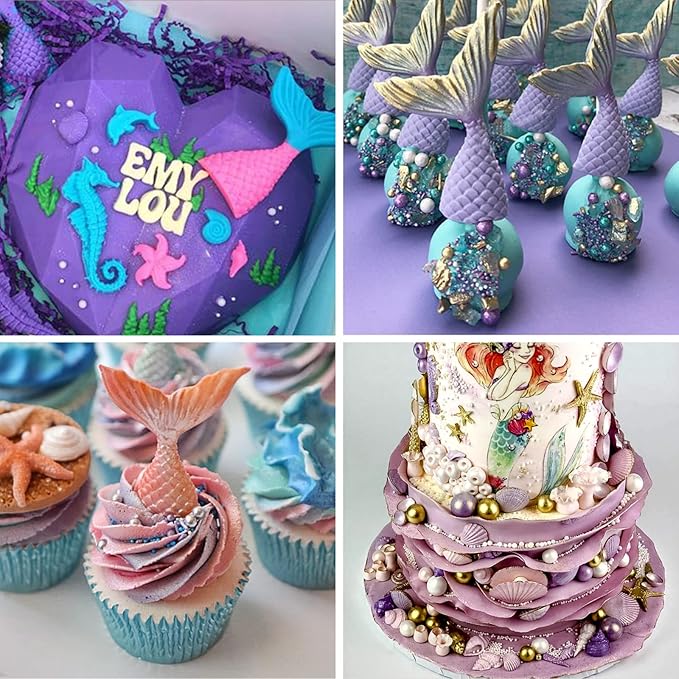 SAKOLLA Mermaid Theme Cake Fondant Mold - Seahorse Seashell Starfish Mermaid Tail Silicone Mold for Cake Decoration, Chocolate, Candy, Polymer Clay, Cupcake Decor, Sugar Craft