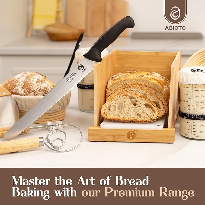 ABIOTO Serrated Bread Knife and Foldable Bread Slicer for Homemade Bread - An Ultimate Bread Slicing Set - No Splinters with HDPE Base and Maple Fingers