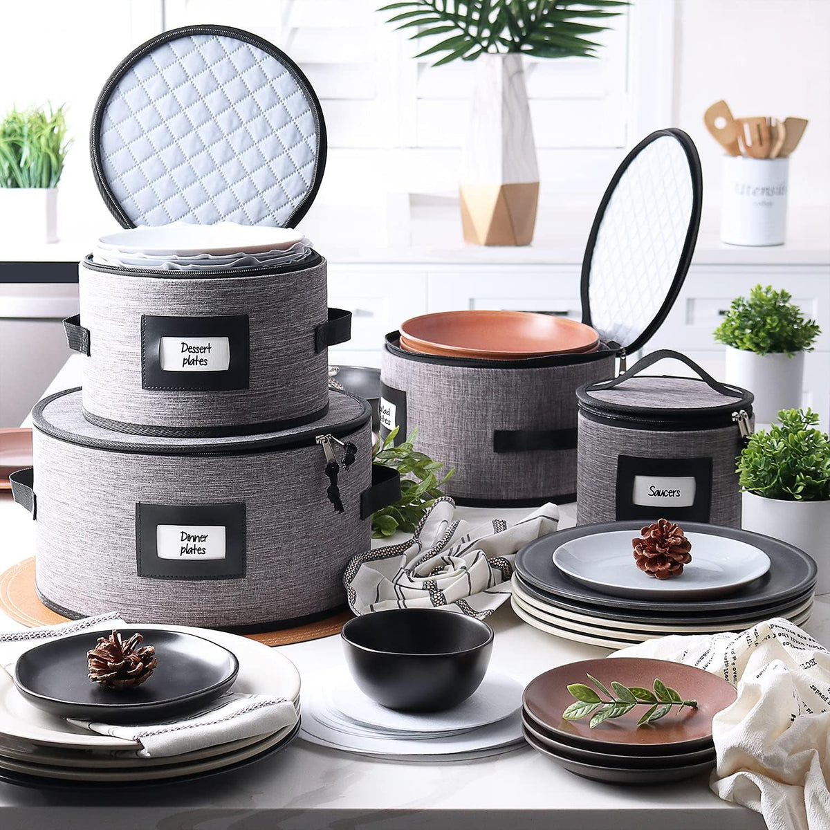Fine China Storage Containers Hard Shell, 4 Piece Dish Storage Containers, Quilted Plate Storage Containers, Stackable Dish Organizer with Dividers, Dinnerware Storage for Moving and Seasonal Storage