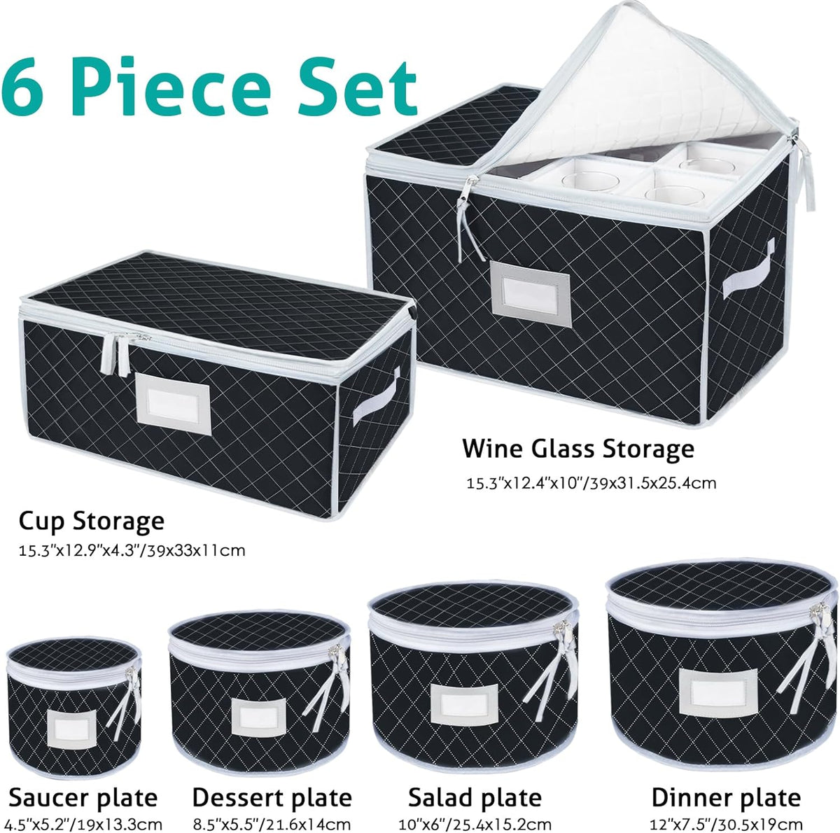 VERONLY China Dinnerware Storage Containers Set- Dish,Mug,Stemware Storage Cases - Quilted Box Bins Stackable with Divider,handles,Clear Window for Cups,Plates,Wine Glasses Moving Set of 6 (Black)