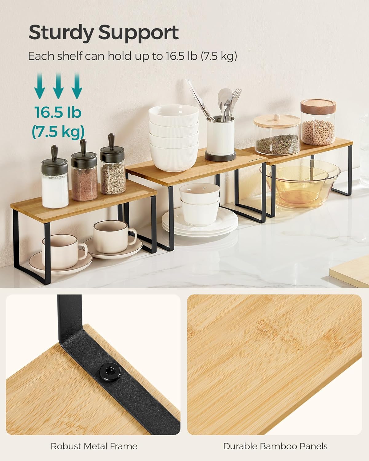 SONGMICS Cabinet Organizer Shelf, Set of 3 Kitchen Counter Shelves, Kitchen Storage, Spice Rack, Stackable, Expandable, Ink Black and Natural Beige UKCS014B01