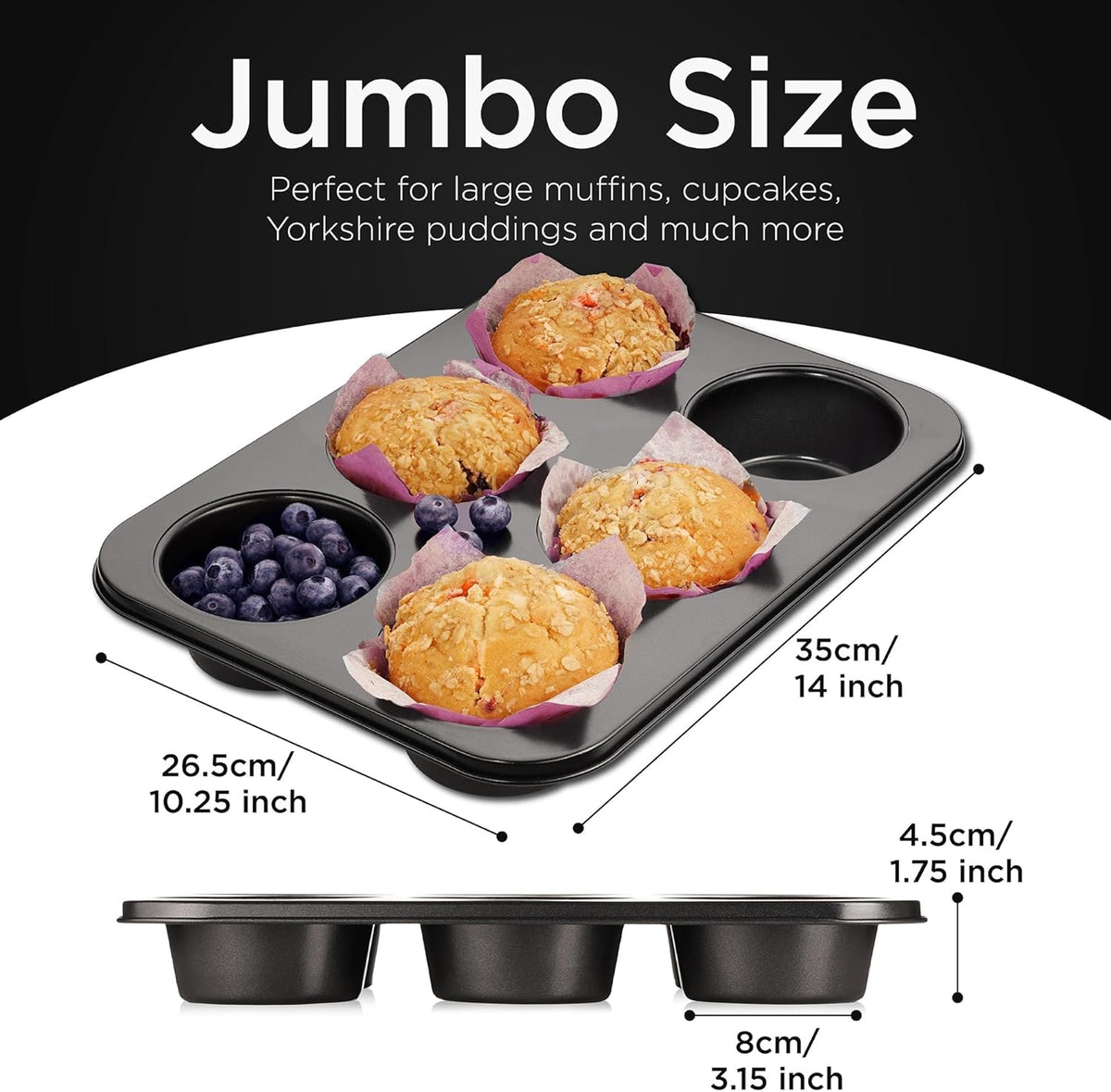 Wrenbury Jumbo Muffin Pan 6 Cup - Nonstick XL Deep Muffin Pan for Baking 3.75" Cup - Big Cup Tin - Oversized Extra Large Cupcake Mold - Dishwasher Safe - PTFE Free