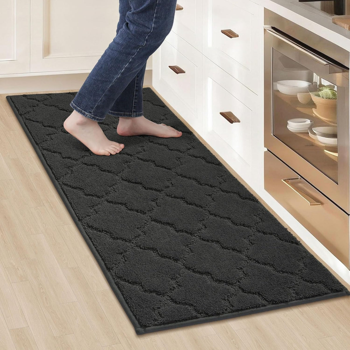 COSY HOMEER-Kitchen-Rugs 20"x48" Non-Slip Absorbent Soft Kitchen Runner Rug Polyester Kitchen Mats for Floor Washable Kitchens Standing Floor Mat for Sink Mat,Hallway,Laundry,Black