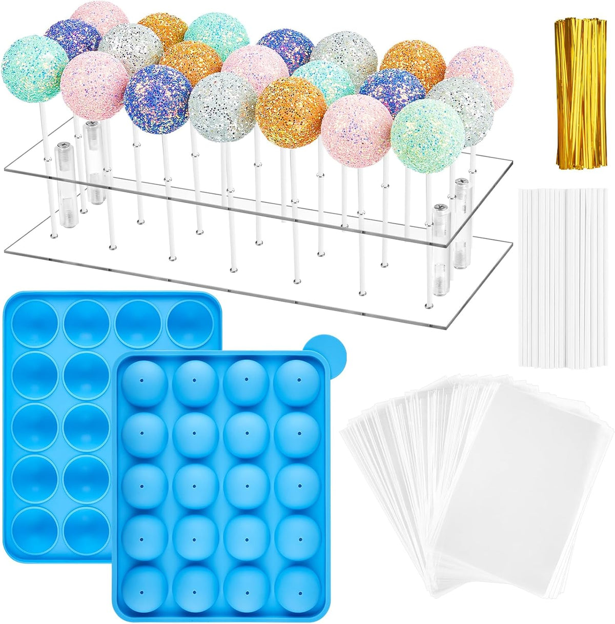 Kucoele Cake Pop Mold Set, Including 21 Hole Clear Acrylic Lollipop Display Stand Holder, 20 Cavity Blue Silicone Cake Pop Mold, Cake Pop Sticks Treats Bags and Twist Ties
