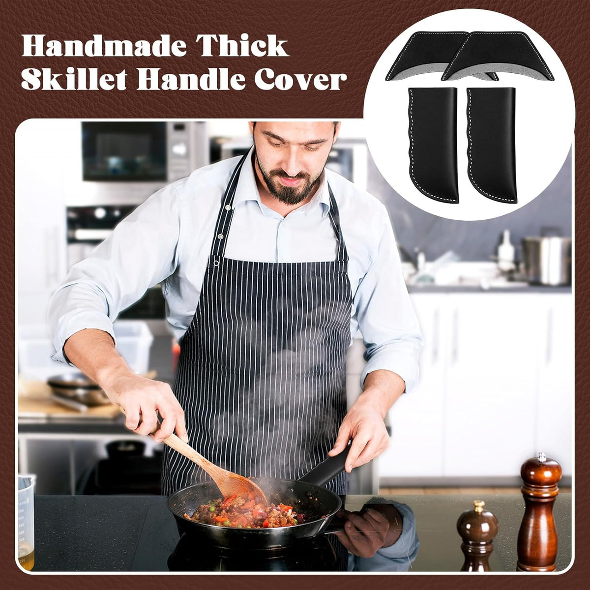 Baderke 4 Pcs Leather Cast Iron Handle Cover Handmade Leather Heat Resistant Skillet Handle Set Pot Holder for Hot Frying Pans, Pots(Black)