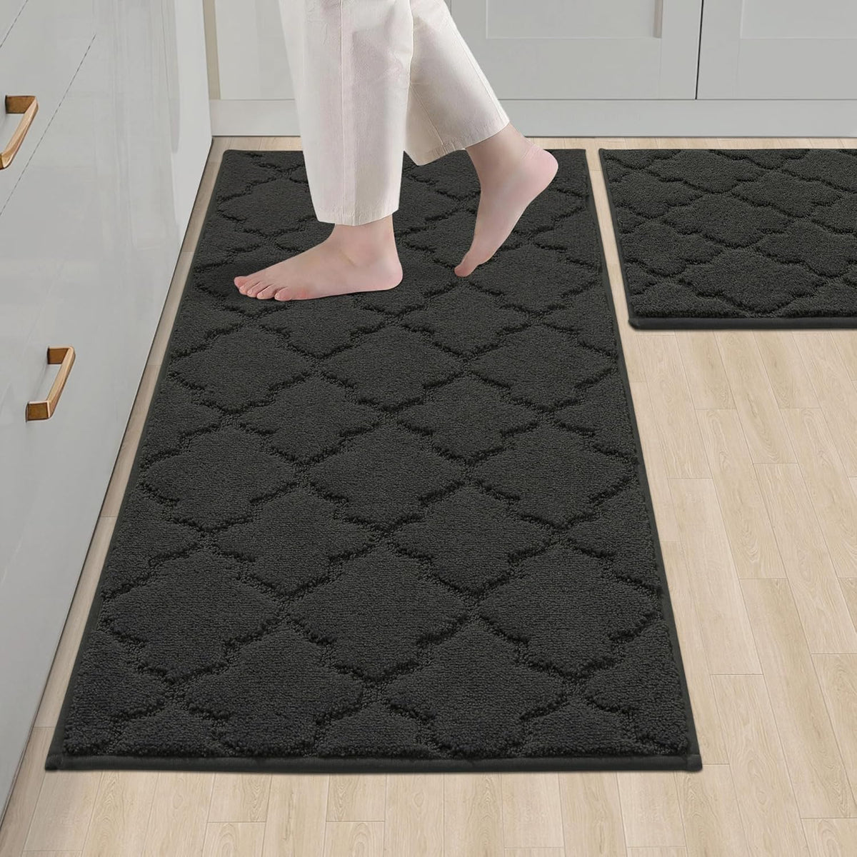 COSY HOMEER Soft Kitchen Rugs [2 PCS] for in Front of Sink Super Absorbent Kitchen Floor Mats and Mats 20x30 Inch/20X48 Non-Skid Kitchen Mat Standing Mat Washable,Polyester,Black