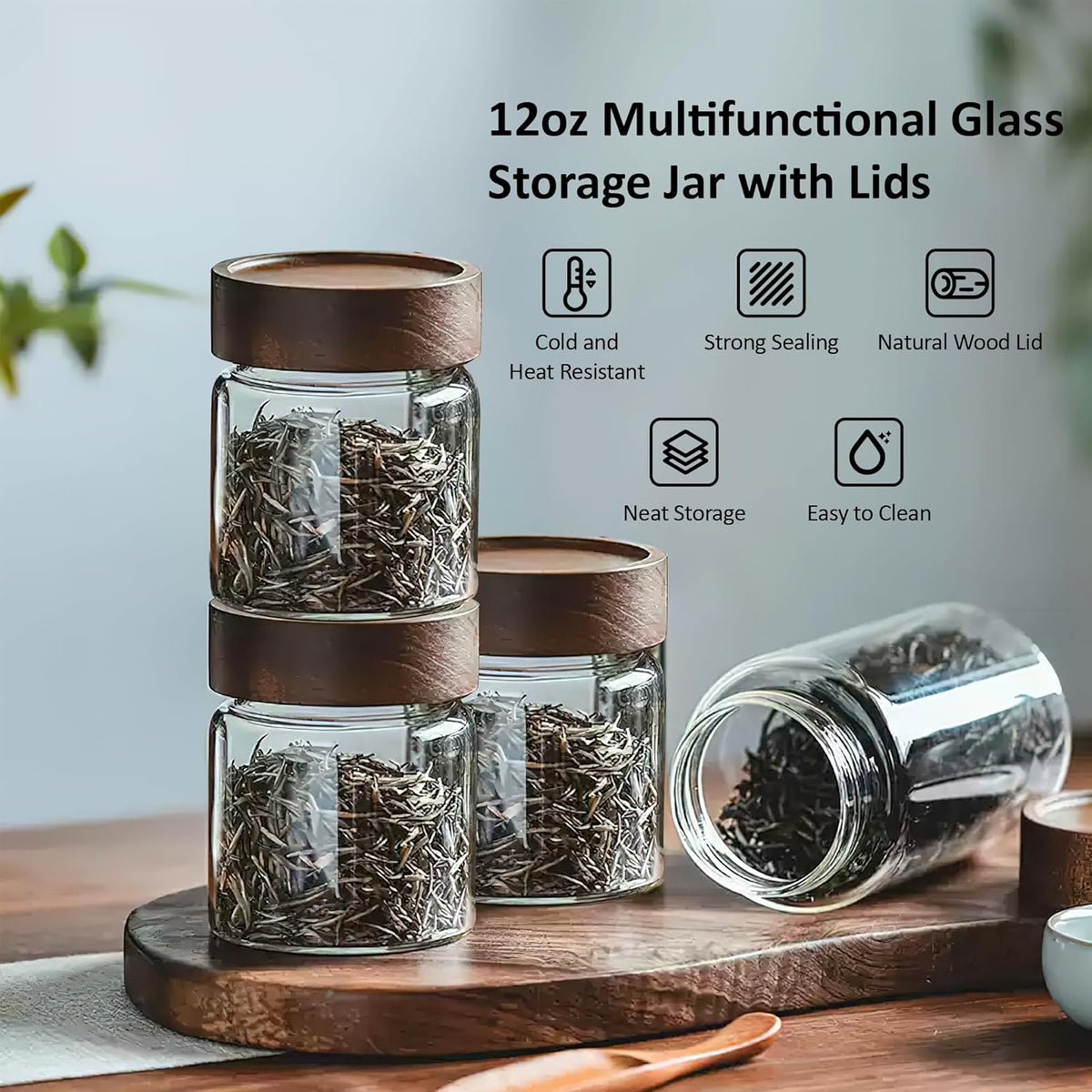 18 oz/550 ml Clear Glass Storage Canister with Airtight Wooden Lid, 4 Pack Small Overnight Oats Containers, Cute Decorative Salad Jar for Snacks Yogurt Spice Sugar Cereal Fruit Coffee Tea