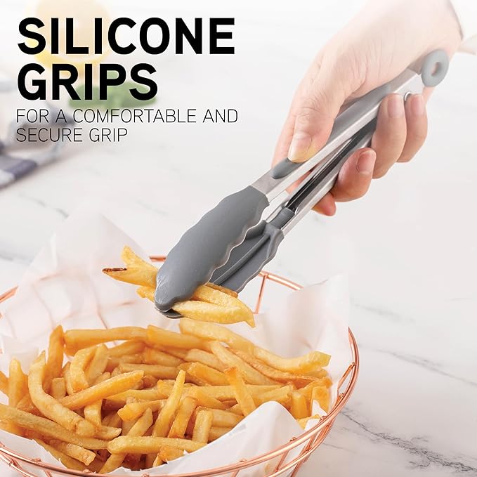 COOK WITH COLOR Stainless Steel Silicone Tipped Kitchen & BBQ Tongs Set, 3 Pc. Tongs, Black
