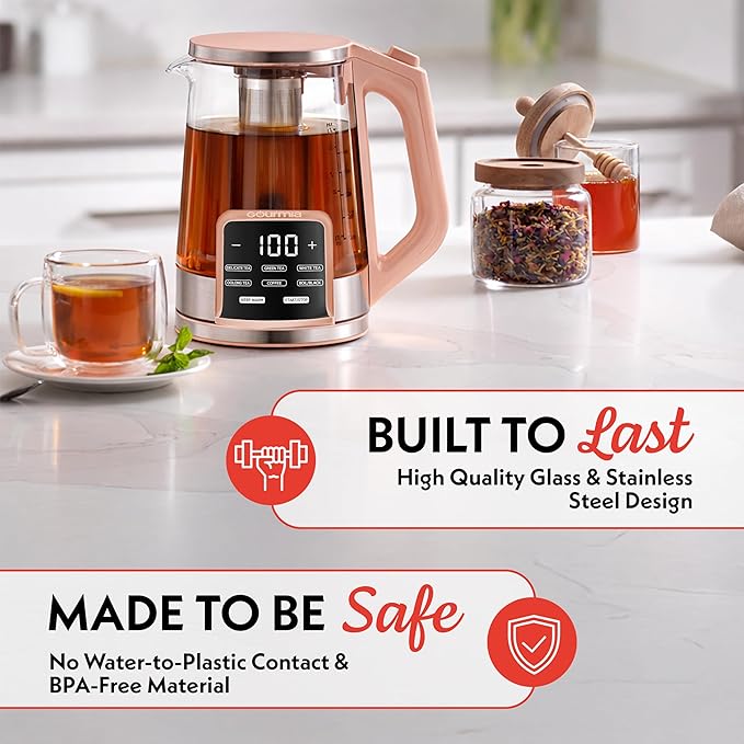 Gourmia Electric Glass Kettle – 1.7L Programmable Tea & Coffee Brewer with Digital Touch Display, 6 Presets, Removable Stainless Steel Infuser, Cordless with 360° Swivel Base, Peach