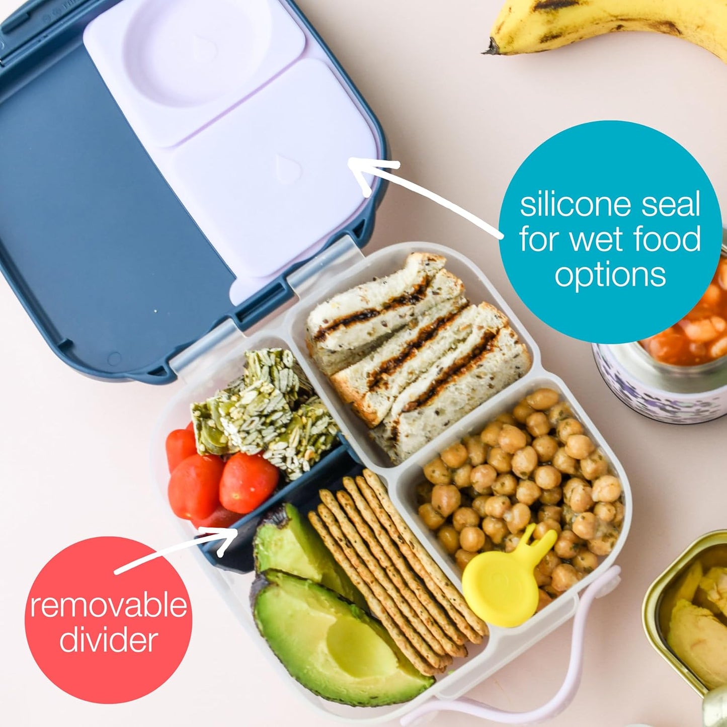 b.box Mini Lunch Box, Bento Box for Kids, Snack Container with 2 Leak Proof Compartments, Reusable Snack Containers with Lids, Kids Lunch Boxes Ages 3+, BPA Free, 4 1/4 Cup Capacity (Midnight)
