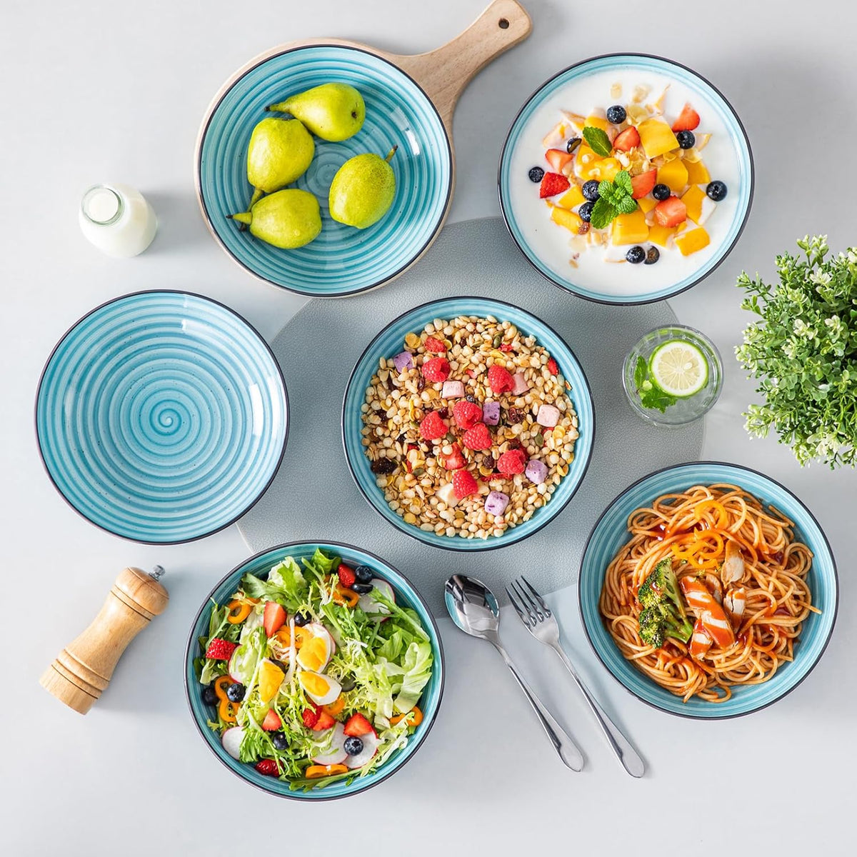 vancasso Bonbon Pasta Bowls Set of 6, 38 Oz Ceramic Salad Bowls, Wide and Shallow Bowls Set, Large Serving Bowls for Kitchen, Blue