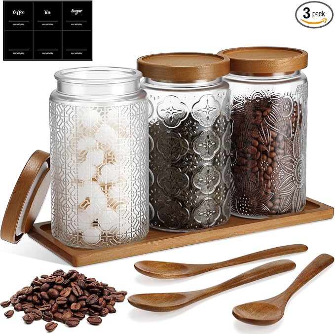 3 Pack 34 oz Glass Coffee Container with Wooden Tray Lid Spoon Labels Clear Airtight Glass Jar Food Storage Kitchen Canisters Set Decorative Coffee Bar Containers for Sugar Candy Tea Flour