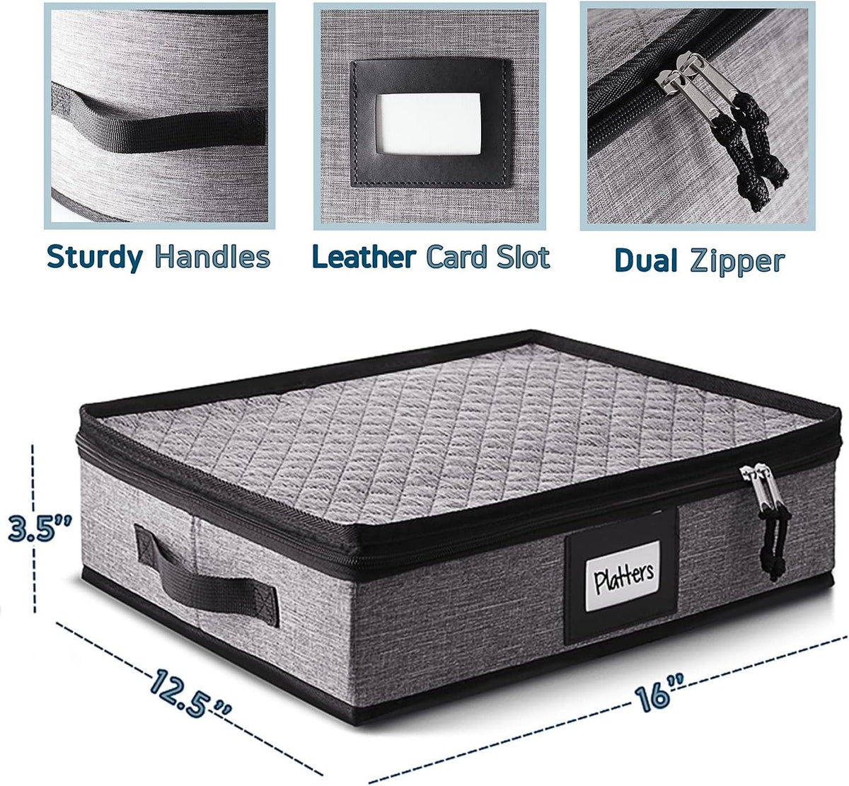 Platter Storage Case, Fine China Storage Containers Hard Shell, Quilted and Stackable 16”x 12.5”x 3.5” Platter Storage Container with Zipper, Handles and Felt Dividers for Moving and Seasonal Storage
