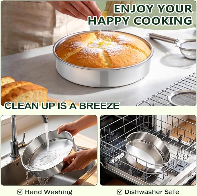 P&P CHEF 9 Inch Cake Pan Set of 2, 2 Pieces Round Layer Cake Baking Pans, Stainless Steel Smash Cake Tin Bakeware for Cooking Steaming, Nontoxic & Sturdy, Oven & Dishwasher Safe