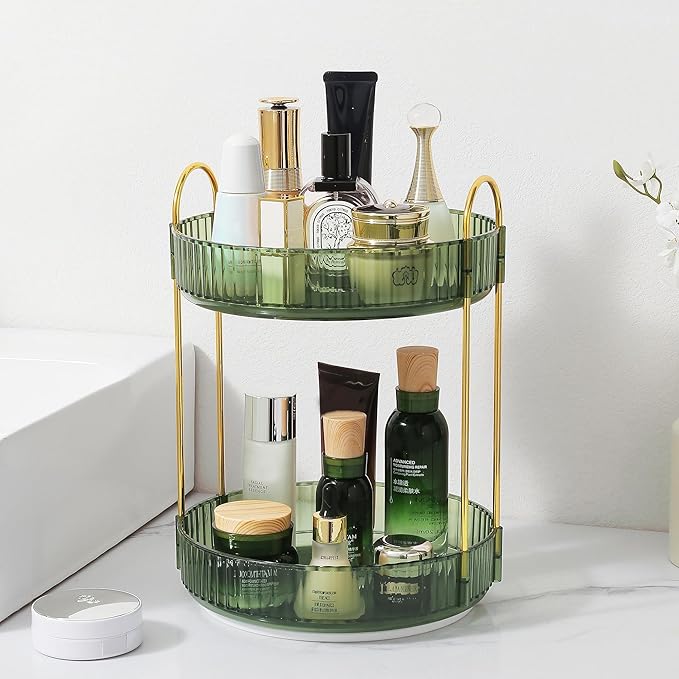 Rotating Makeup Organizer for Vanity, Perfume Skincare Lipstick Organizers for Bathroom Countertop, Clear Make up Storage for Dresser, Bathroom Cosmetics Organizer Storage 360 Spinning(2 Tier, Green)