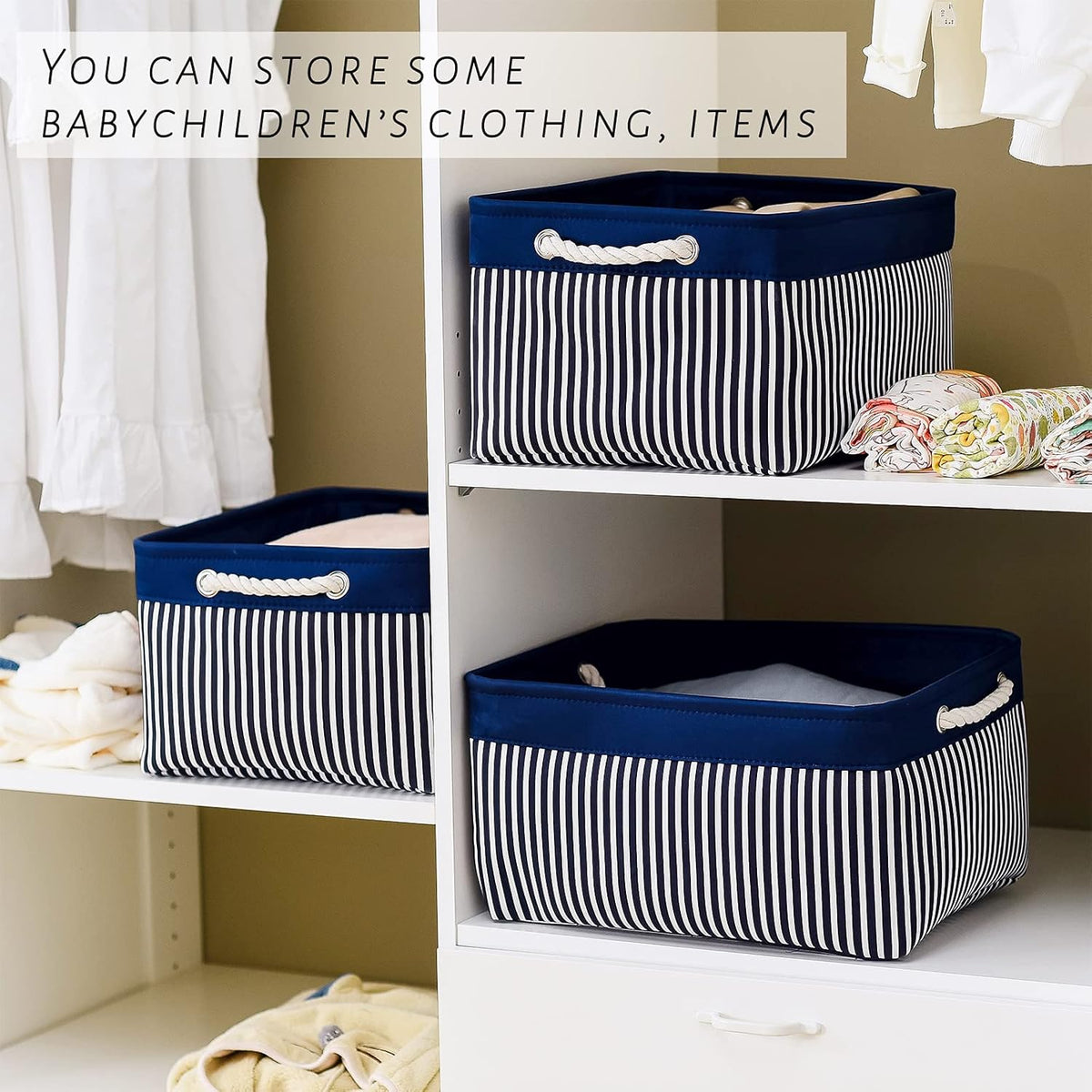 TcaFmac Storage Basket for Organizing - Large 4 Pack Foldable Storage Bins Baskets for Shelves with Ropes, Fabric Storage Cubes for Cloth Toy Gift Kids (Navy & White 16x12x8 inch)