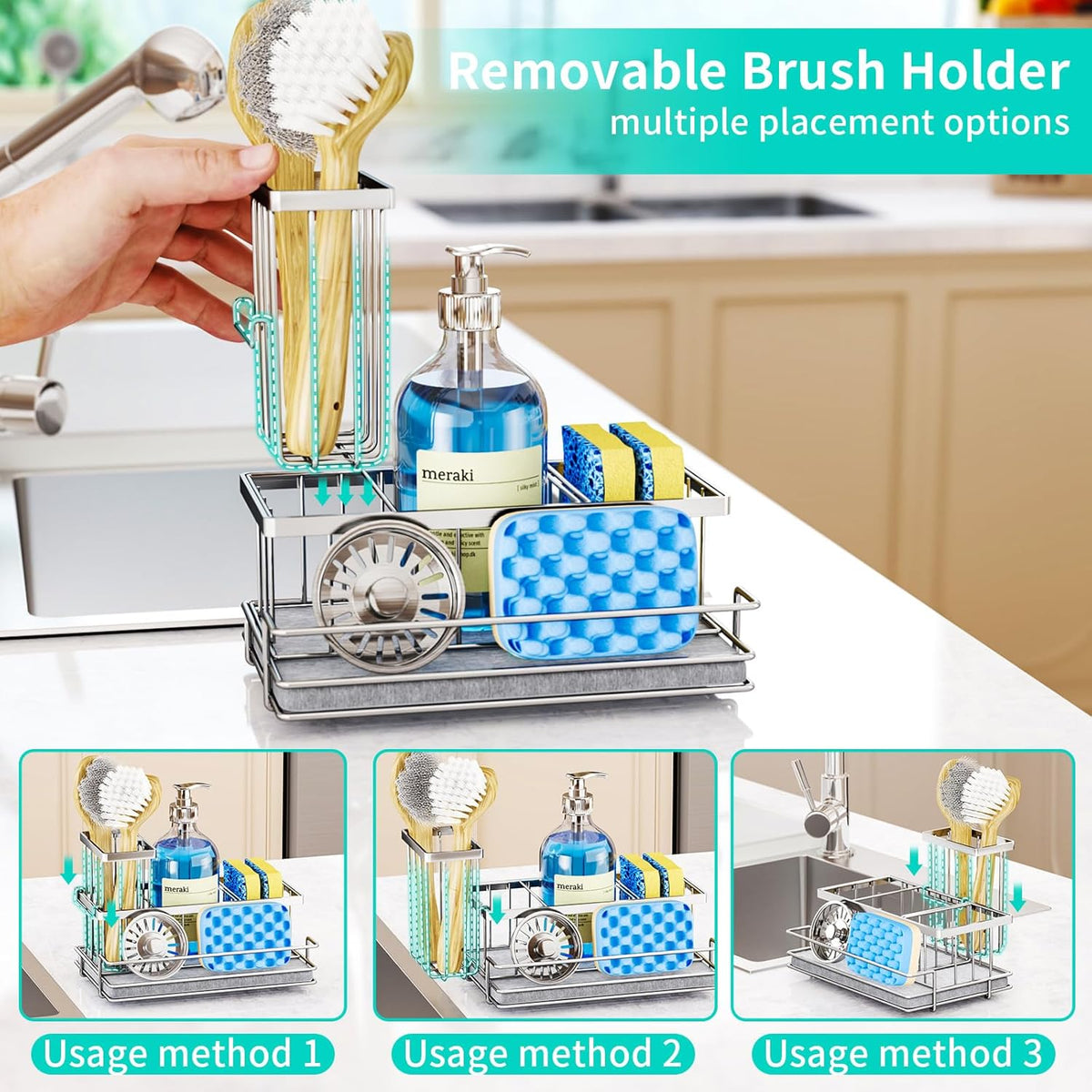 HapiRm Sink Caddy Sponge Holder - Kitchen Sink Organizer with Instant Drying Stone and Brush Holder, Stainless Steel Sponge Caddy for Kitchen Countertop - Silver