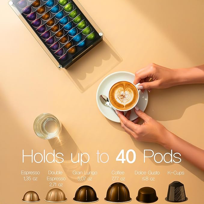 Coffee Pod Holder with Rail Drawer Compatible with Nespresso Vertuoline and K-cups Capsule - 40 Pods Capacity Tempered Glass and Anti-Slip Base Metal Coffee Pods Organizer 16.14x11.81x3.94