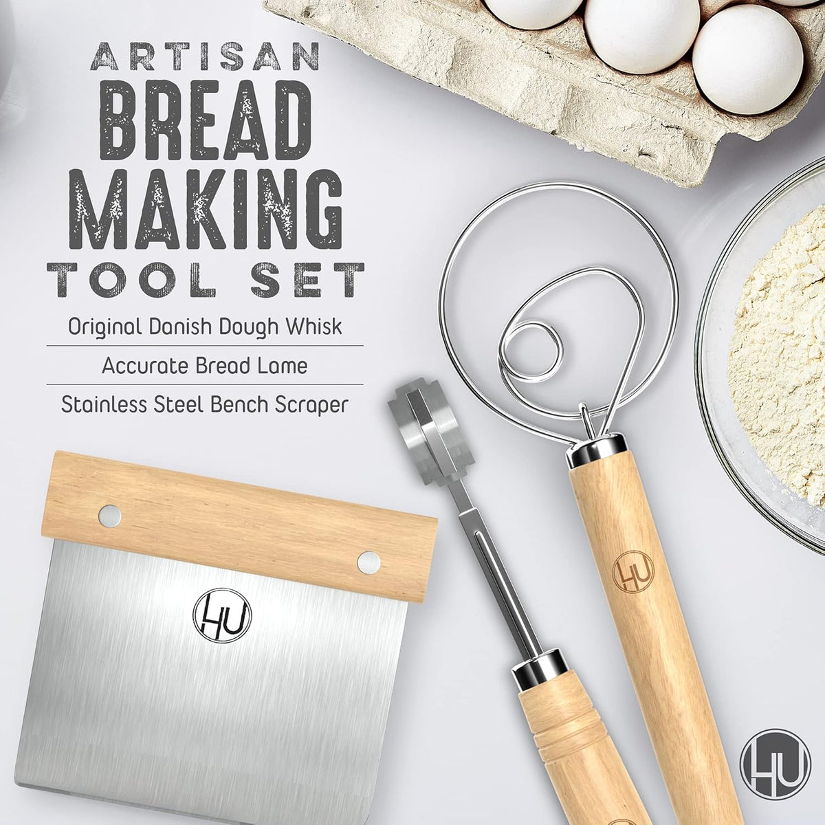 LHU Bread Making Tools and Supplies - Set of 3 - Danish Dough Whisk, Bread Lame, Bench Scraper - Dough Hook with Bread Scraper, Lame Bread Tool, Blades - Great for Baking Sourdough, Pizza, Pastry