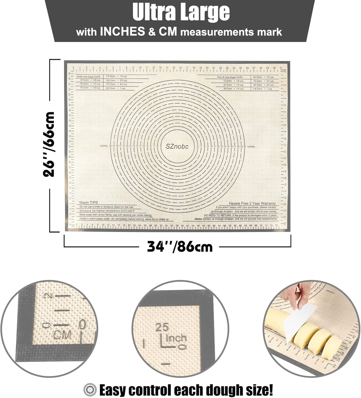 Silicone Pastry Mat 34'' By 26'' Extra Large Baking Mat with Measurements, Kitchen Counter Mats Perfect for Dough, Pastry, Pie Crust, Fondant, Cookies, Bread, Pasta, Pizza