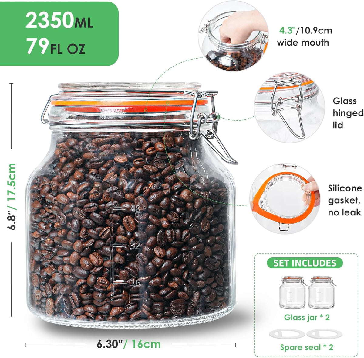 2 Pack 79oz Glass Jar with Lid(2350ML), 0.6 Gallon Mason Jars Wide Mouth with Airtight Lid, Glass Pickle Jar for Food Storage, Cookies, Pickling, Kombucha(Includes 2 Spare Seals)