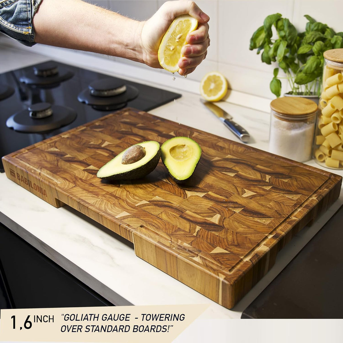 Teak Cutting Boards for Kitchen (ExtraThick 1.7"). Premium Quality Butcher Block, Charcuterie Board. Heavy Duty End Grain Wood Chopping Board 15.7"L x 10.2"W with Handle (Oil bottle & Plate included)