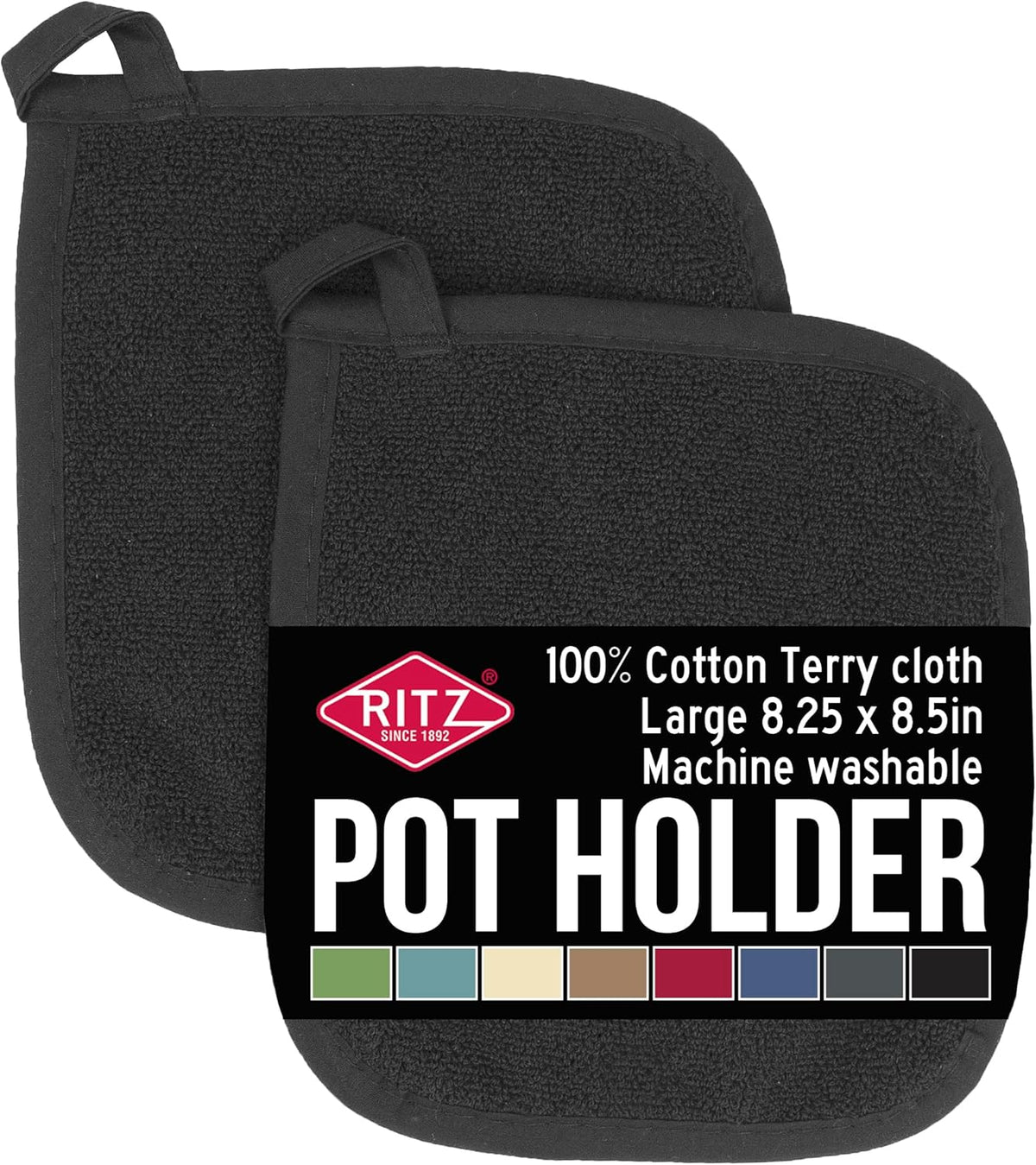 RITZ Terry Potholder & Hot Pad: Unparalleled Heat Resistant, Durable 100% Cotton – Ergonomically Designed for Optimal Grip – Easy-Care Machine Washable – 2-Pack, Black