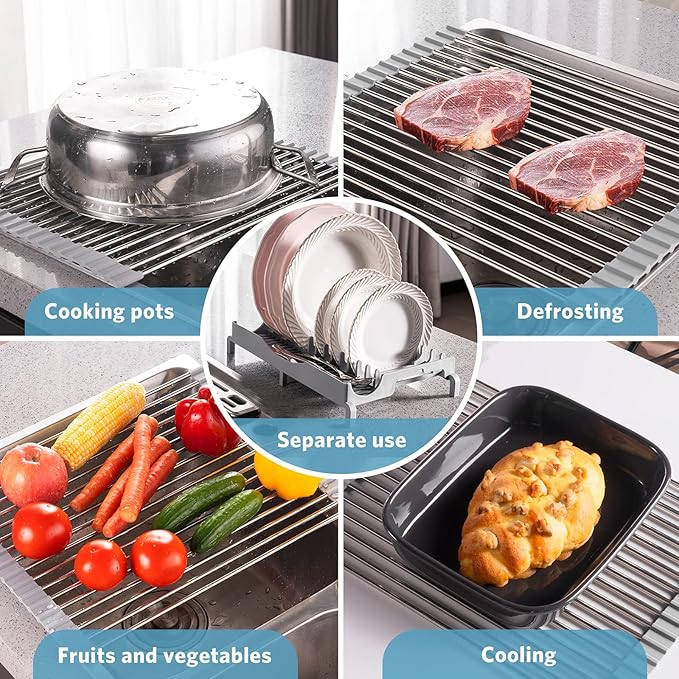 Upgraded Roll Up Dish Drying Rack(17.1” x 13.1”) Over Sink Dish Drainer Foldable Stainless Steel Trivet for Kitchen Countertop