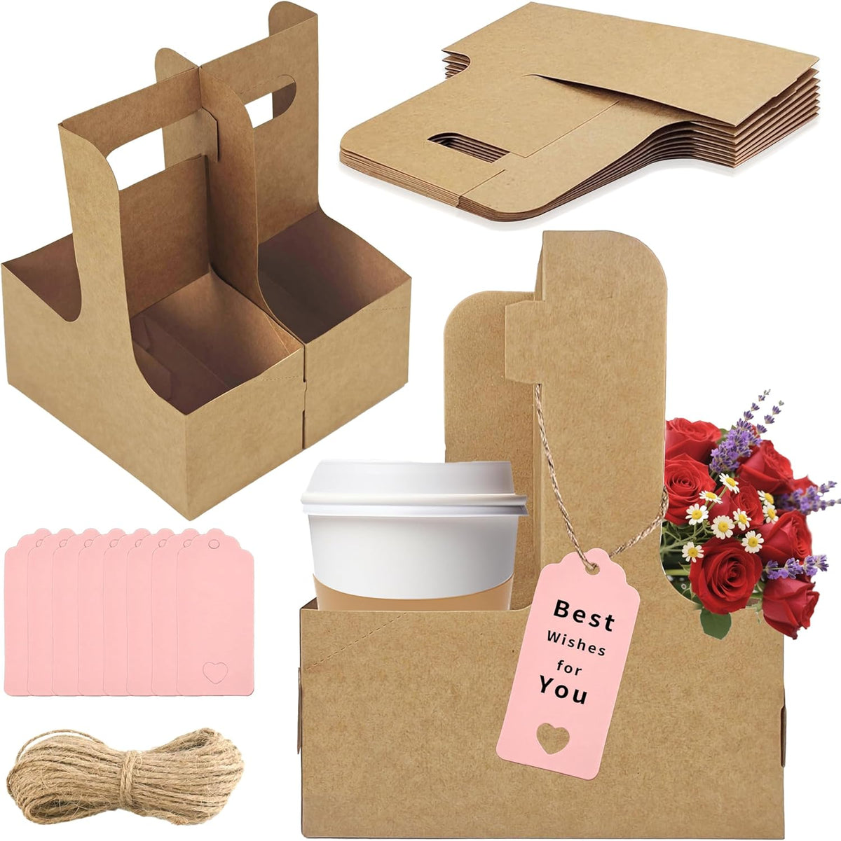 2 Cup Drink Carrier,8 Pack Coffee Cup Holders with Handle,Cardboard Cup Holders for Hot or Cold Drinks,Coffee Carrier with Ribbon and Card,Food Delivery Services and Bouquet(Kraft)