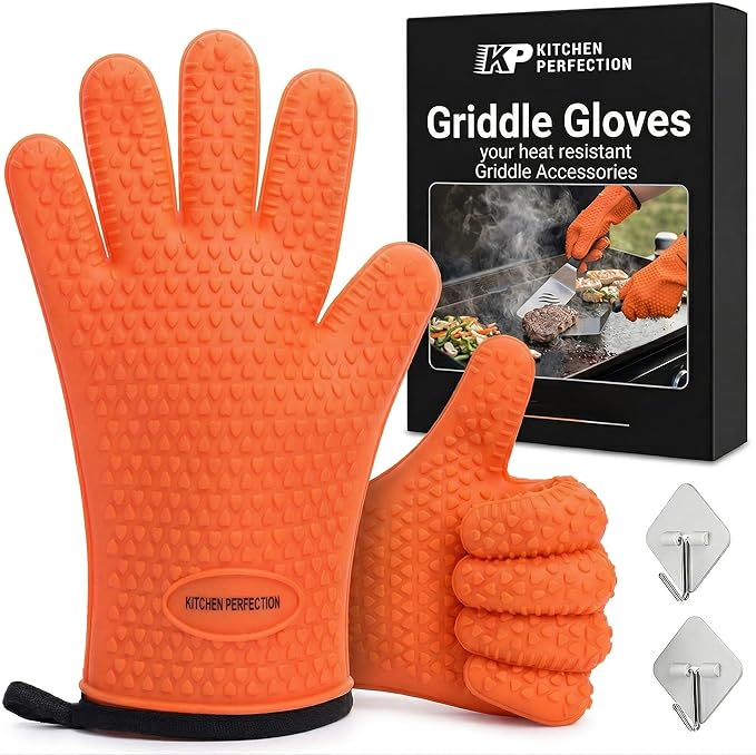 KITCHEN PERFECTION Silicone Oven & Griddle Gloves -Extreme Heat Resistant BBQ & Grilling Gloves -Handle Hot Food Right on Your Griddle |Waterproof Oven Mitts Grill Gloves |Superior Set+3 Bonuses
