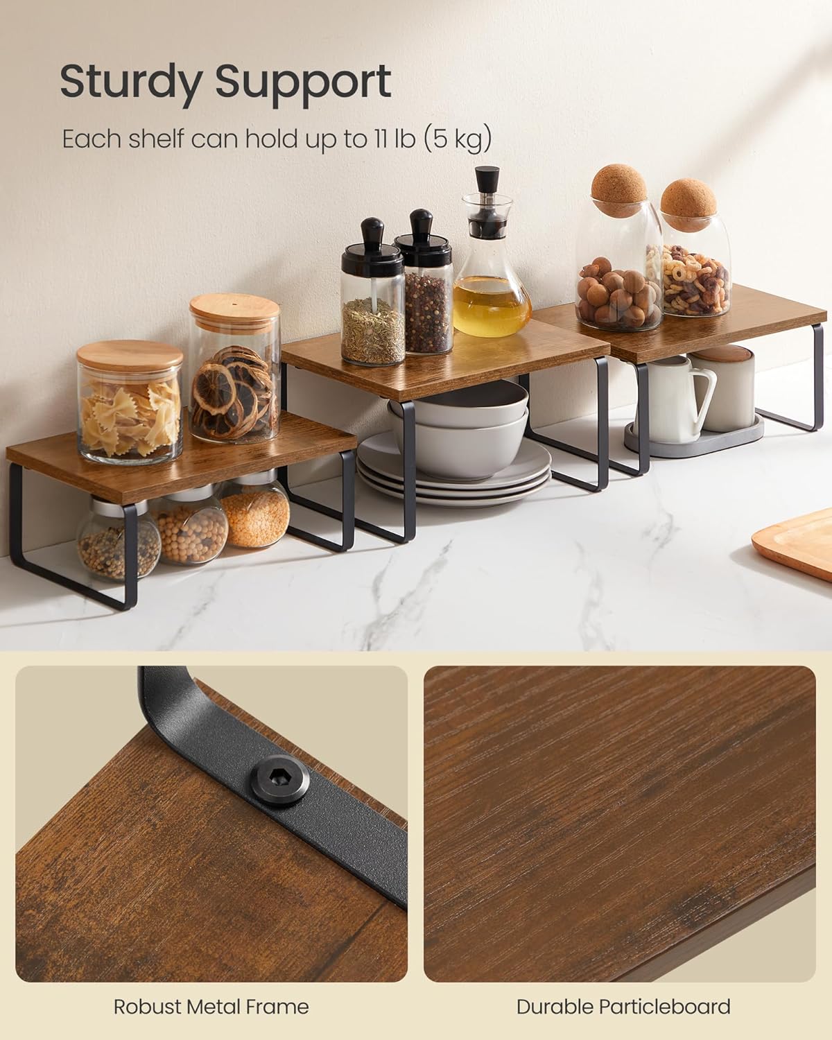 SONGMICS Cabinet Organizer Shelf, Set of 3 Kitchen Counter Shelves, Kitchen Storage, Spice Rack, Stackable, Expandable, Rustic Brown and Matte Black UKCS220K02