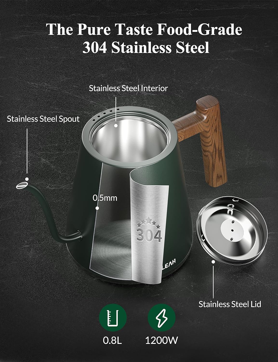 KLEAH Gooseneck Electric Kettle with Temperature Control - 0.8L Automatic Shut Off Tea & Coffee Kettle, Hot Water Boiler Pour Over Coffee Kettle, 1200W Quick Heating Keep Warm, Green