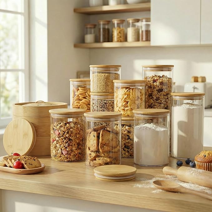 HomArtist Glass Jars with Bamboo Lids 53 FL OZ [Set of 4], Glass Canisters with Airtight Lids, Glass Food Storage Containers for Pasta, Oats, Coffee, Flour, Sugar, Rice, Best for Kitchen & Pantry