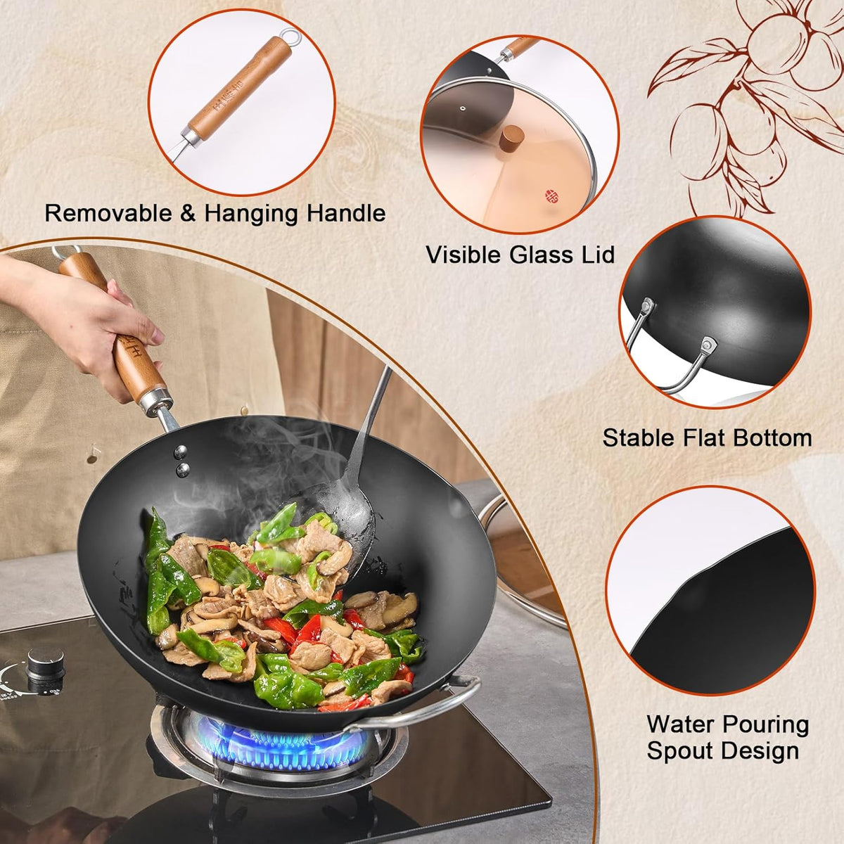 WANGYUANJI Iron Wok,12.59 inch Woks for Stir-fry, Chinese Stir Fry Pan Uncoated, Traditional Flat Bottom Iron Pot for Induction, Electric, Gas, Suitable for All Stoves(Pure Iron Wok)