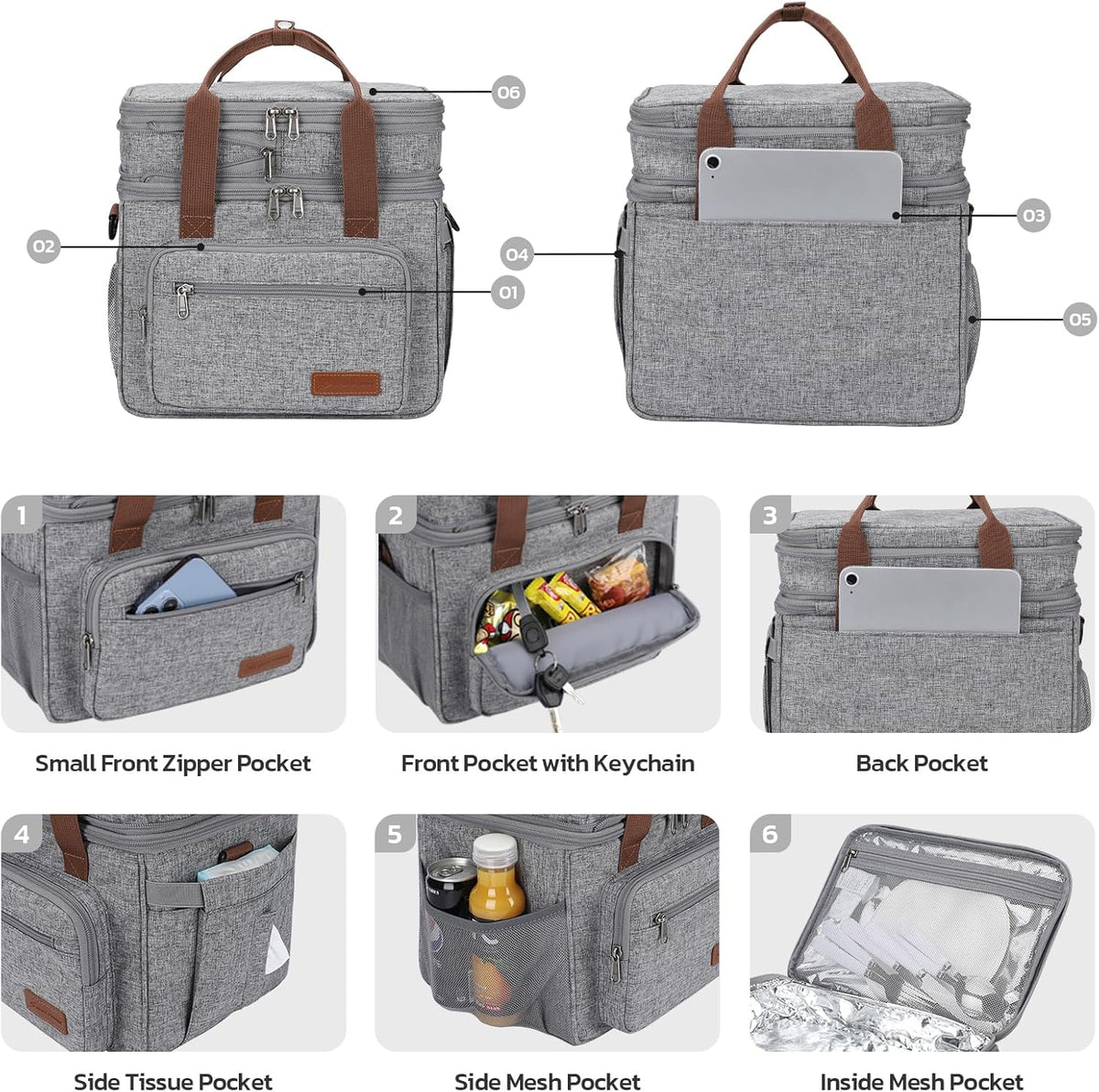 Maelstrom 23L Insulated Lunch Box For Men Women,Expandable Double Deck Lunch Cooler Bag,Lightweight Leakproof Tote Bag With Side Tissue Pocket,Gray