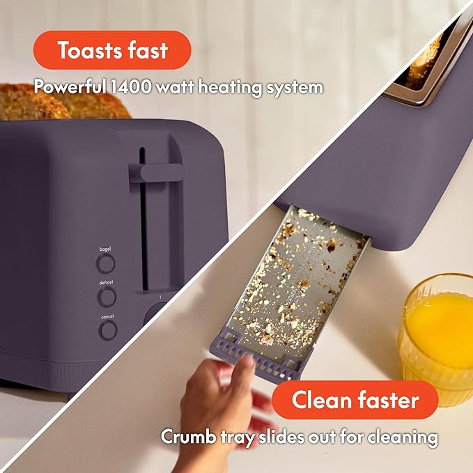 bella 4 Slice Slim Toaster, Fits-anywhere™ Kitchenware, 6 Setting Shade Control with Reheat & Cancel Buttons, Fits Sourdough, 10” Long Slot, Anti Jam & Auto Shutoff, 900 Watt, Plum