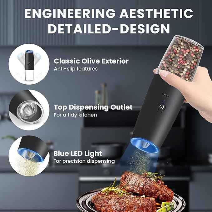 Rechargeable Electric Salt and Pepper Grinder, gravity electric salt and pepper grinder, Adjustable Roughness, LED Light, 1 Pack, (Black)