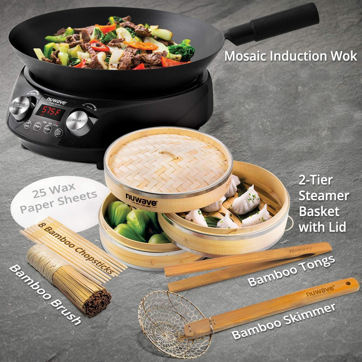 Nuwave Mosaic Induction Wok, Temp Control 100°F-575°F in 5°F, Wok Hei, Infuse Charred Aroma & Flavor, 14-inch Carbon Steel Wok, 8pc Bamboo Accessories