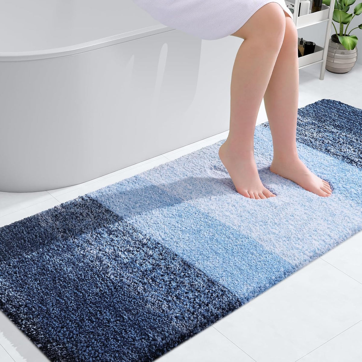 OLANLY Bathroom Rug Mat 59x24, Extra Soft and Absorbent Microfiber Bath Rugs, Non-Slip Plush Shaggy Bath Carpet Runner, Machine Wash Dry, Bath Mats for Bathroom Floor, Tub and Shower, Navy