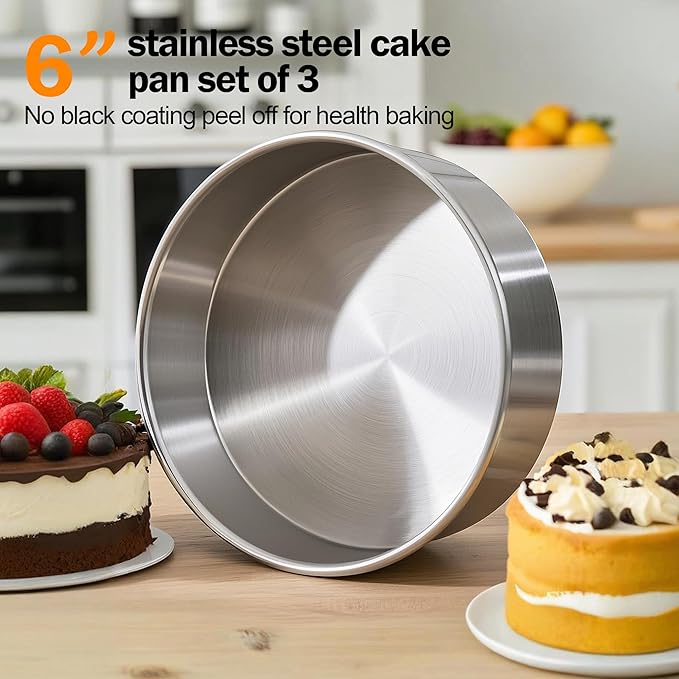 6 Inch Cake Pans Set of 3 with 100 Pieces Parchment Paper, Stainless Steel Baking Pan For Layered Cakes, Smash Cake Pans Mirror Finish Dishwasher Safe Small Cake Pan Set Cake Mold