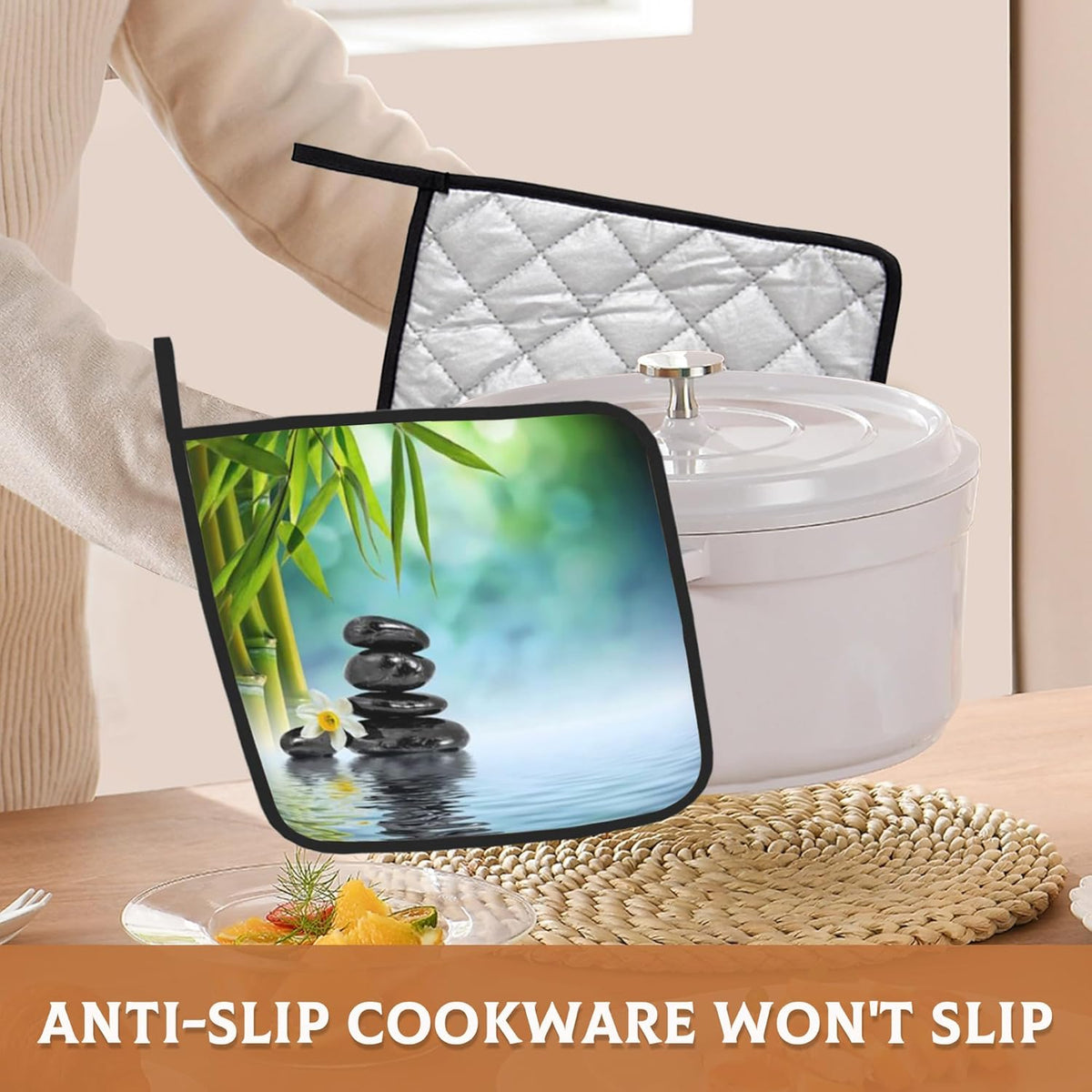Zen Spa Pot Holder Set of 2,Green Flower Kitchen Heat Resistant Potholder for Women Men BBQ Cooking Baking