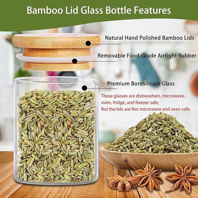 SLifeJars-Spice Jars with Label, 4 oz 24 pcs Spice Containers Glass Jars with Bamboo Lids, Seasoning Containers Bottles, Airtight Empty Glass Jars for Spice Rack,Drawer,Cabinet,Pantry